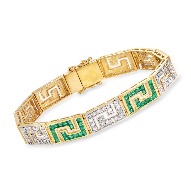 3.40 ct. t.w. Emerald and 1.70 ct. t.w. Diamond Greek Key Bracelet in 18kt Gold Over Sterling image number 0