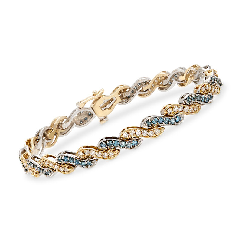 3.70 ct. t.w. Alternating Blue and White Diamond Wave Bracelet in 14kt Two-Tone Gold. 7&quot; image number 0