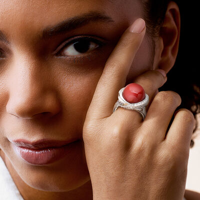 C. 1990 Vintage Coral Ring with .65 ct. t.w. Diamonds in Platinum