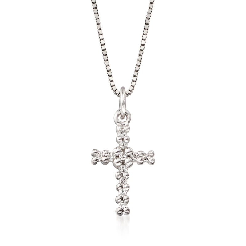 Child's 14kt White Gold Cross Pendant Necklace with Diamond Accents. 16&quot; image number 0