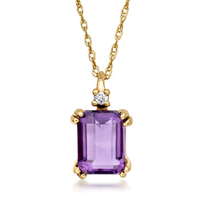 C. 1990 Vintage 1.25 Carat Amethyst Pendant Necklace with Single Diamond in 14kt Yellow Gold