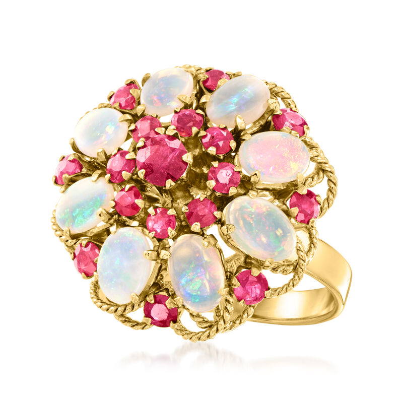 C. 1970 Vintage Opal and 1.40 ct. t.w. Ruby Cluster Ring in 10kt Yellow Gold. Size 6.5 image number 3