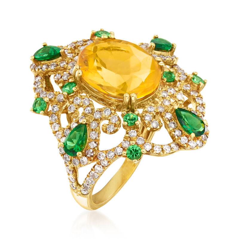 C. 1980 Vintage Fire Opal, 1.15 ct. t.w. Tsavorite and .60 ct. t.w. Diamond Ring in 18kt Yellow Gold. Size 6.5 image number 2