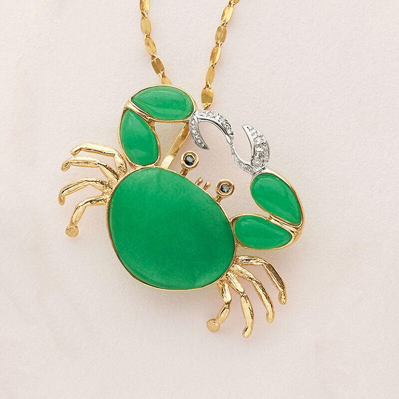 Green Jade and .10 ct. t.w. Sapphire Crab Pendant with Diamond Accents  in 14kt Yellow Gold  image number 3