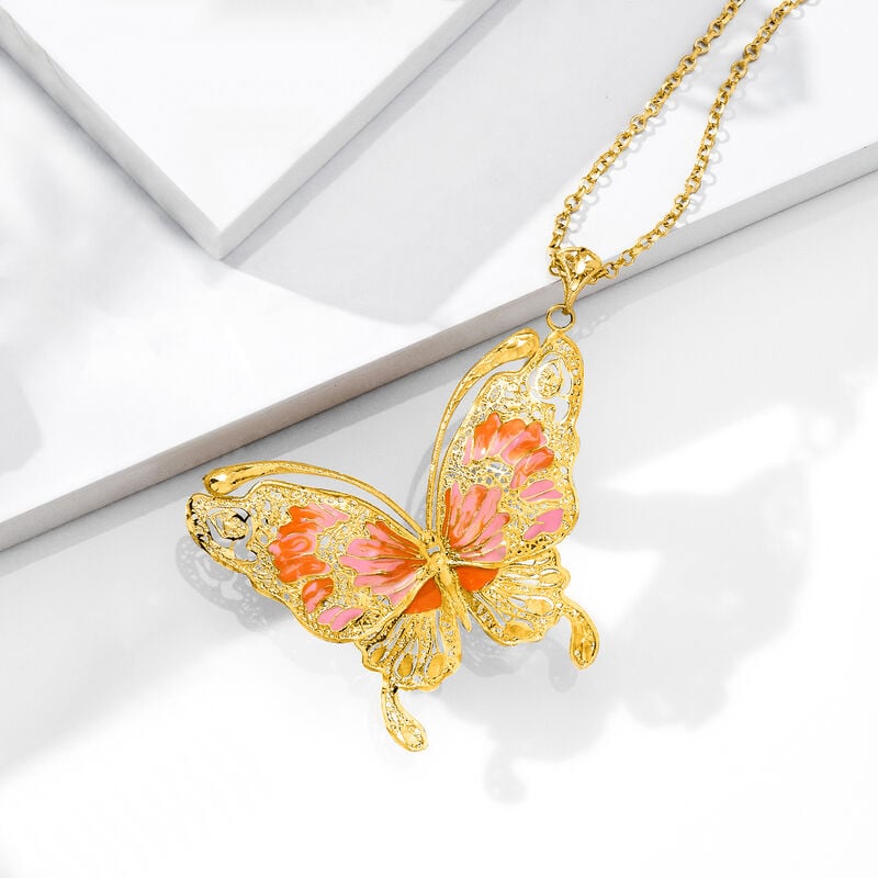 Italian Pink and Orange Enamel Butterfly Pendant Necklace in 18kt Gold Over Sterling. 18&quot; image number 2