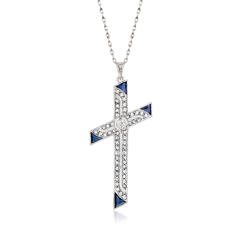 C. 1990 Vintage .93 ct. t.w. Diamond and .80 ct. t.w. Synthetic Sapphire Cross Pendant Necklace in 18kt White Gold. 18&quot; image number 0