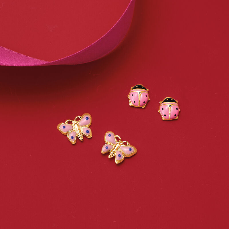 Child's Pink Enamel Ladybug Stud Earrings in 14kt Yellow Gold image number 2