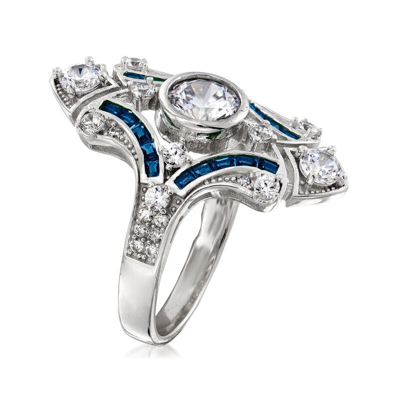 1.55 ct. t.w. CZ and .20 ct. t.w. Simulated Sapphire Ring in Sterling Silver image number 2