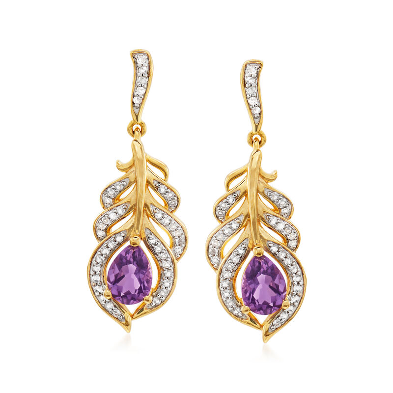 1.20 ct. t.w. Amethyst and .30 ct. t.w. White Topaz Feather Drop Earrings in 18kt Gold Over Sterling image number 0