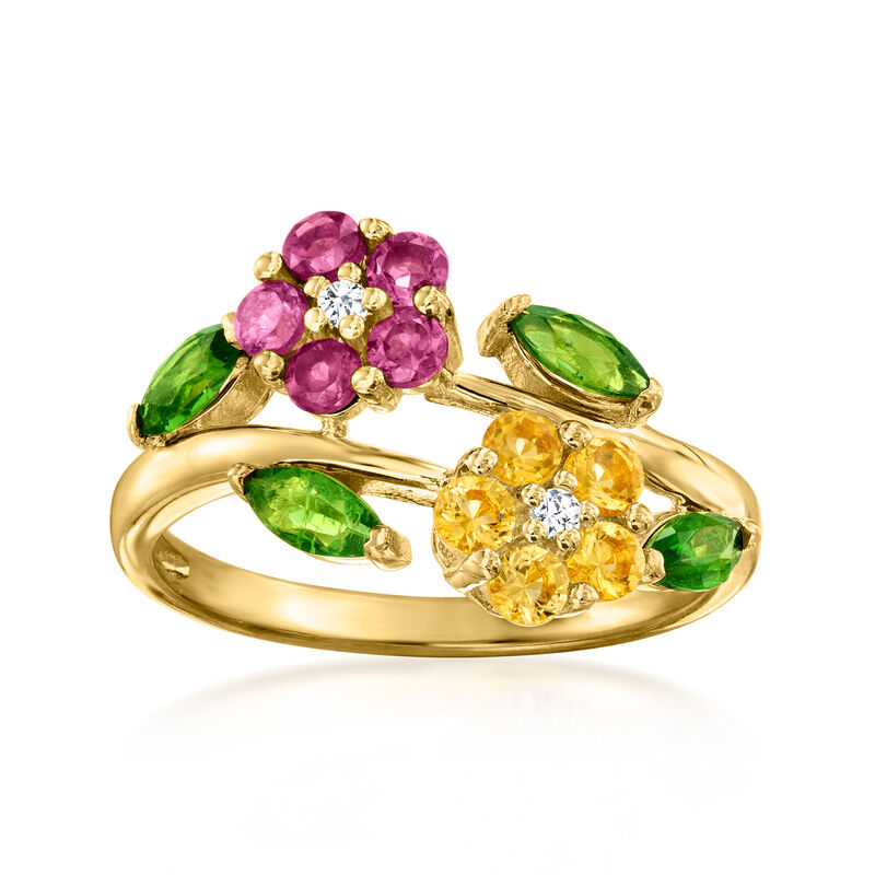1.20 ct. t.w. Multi-Gemstone Flower Bypass Ring with White Topaz in 18kt Gold Over Sterling image number 0