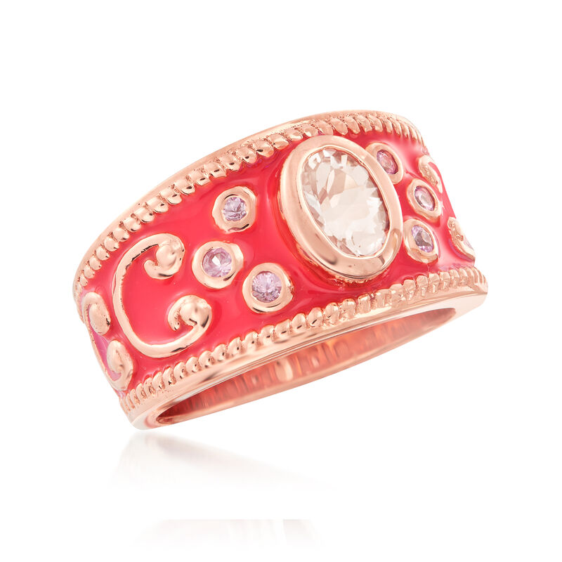 .70 Carat Morganite and .10 ct. t.w. Pink Sapphire Ring with Pink Enamel in 18kt Rose Gold Over Sterling image number 3