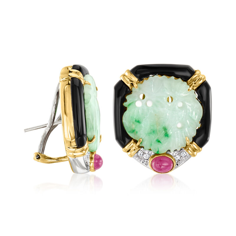 C. 1980 Vintage Jade, Onyx and 1.00 ct. t.w. Ruby Clip-On Earrings with Diamonds in 18kt Two-Tone Gold image number 2