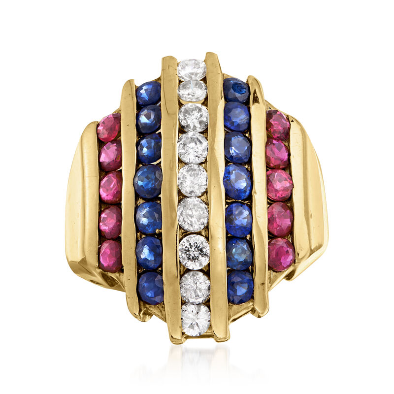 C. 1980 Vintage 2.40 ct. t.w. Multi-Gemstone and .90 ct. t.w. Diamond Multi-Row Ring in 14kt Yellow Gold image number 0