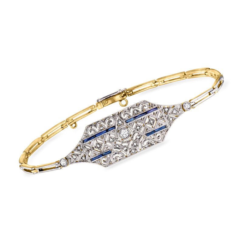 C. 1930 Vintage .30 ct. t.w. Diamond Filigree Bracelet with .30 ct. t.w. Synthetic Sapphires in Platinum and 18kt White Gold. 7&quot; image number 0