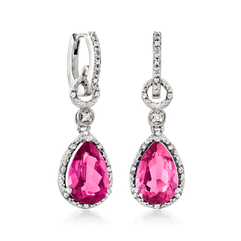 7.55 ct. t.w. Pink Topaz and .16 ct. t.w. Diamond Hoop Drop Earrings in Sterling Silver image number 2