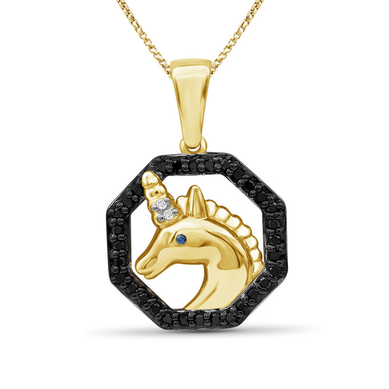 .15 ct. t.w. Black and White Diamond Unicorn Pendant Necklace in 18kt Yellow Gold Over Sterling Silver. 18&quot; image number 0
