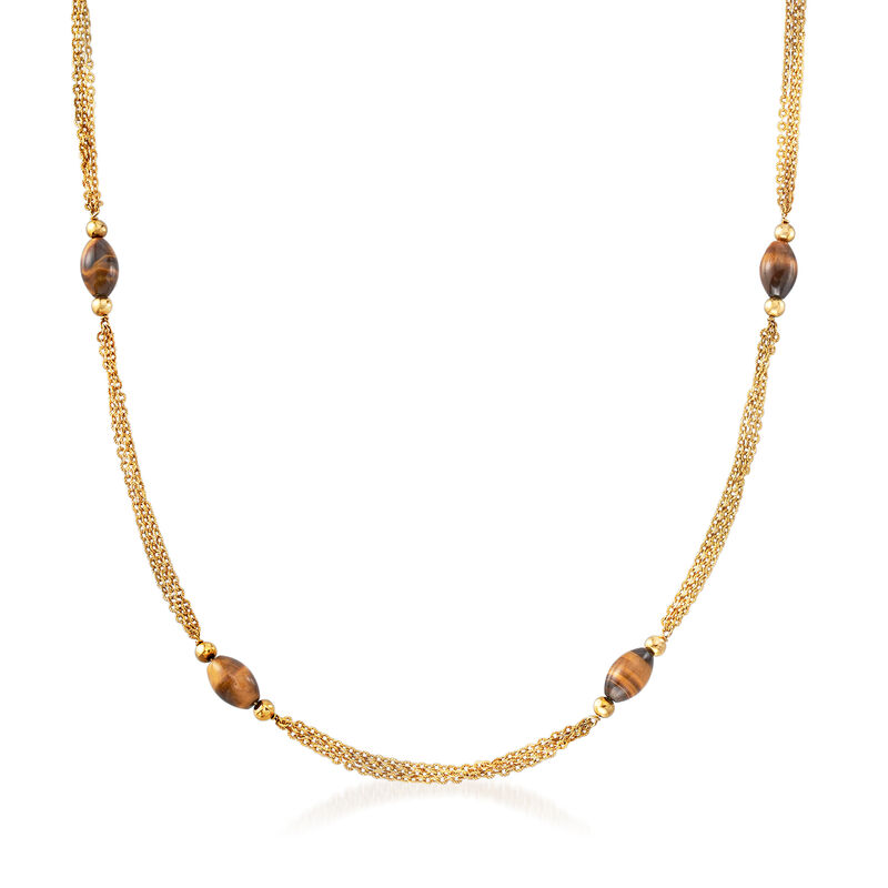 C. 1970 Vintage 14x9mm Tiger's Eye Beaded Necklace in 18kt Yellow Gold image number 0