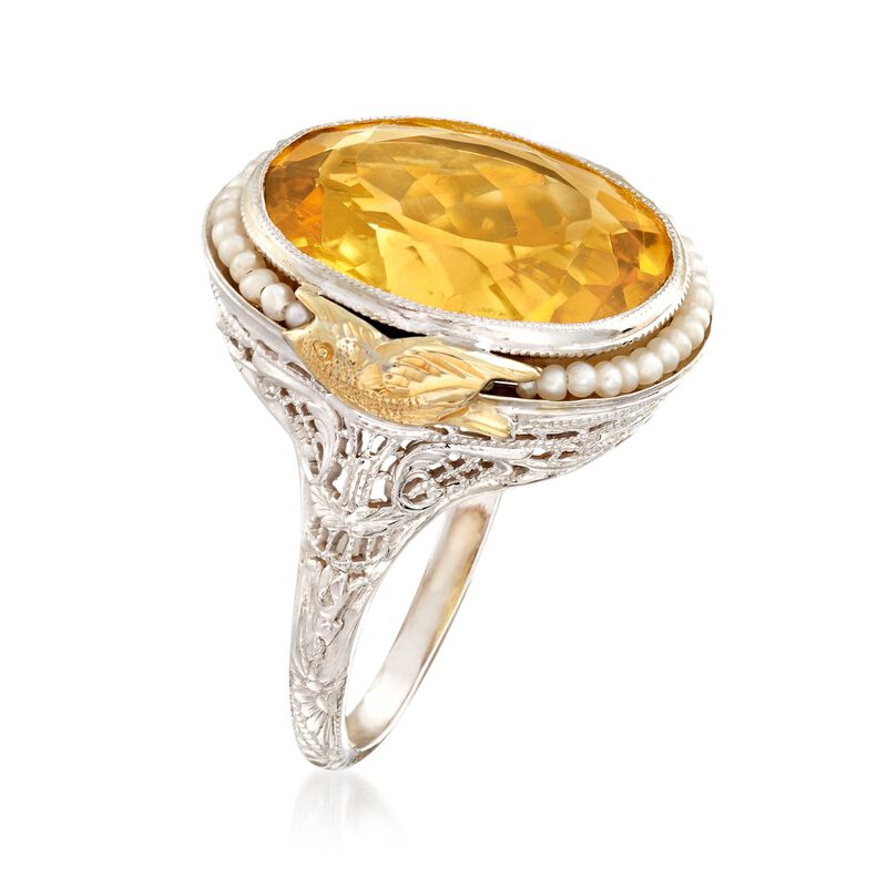 C. 1950 Vintage 8.50 Carat Citrine and Cultured Seed Pearl Ring in 14kt Two-Tone Gold. Size 6.5 image number 2