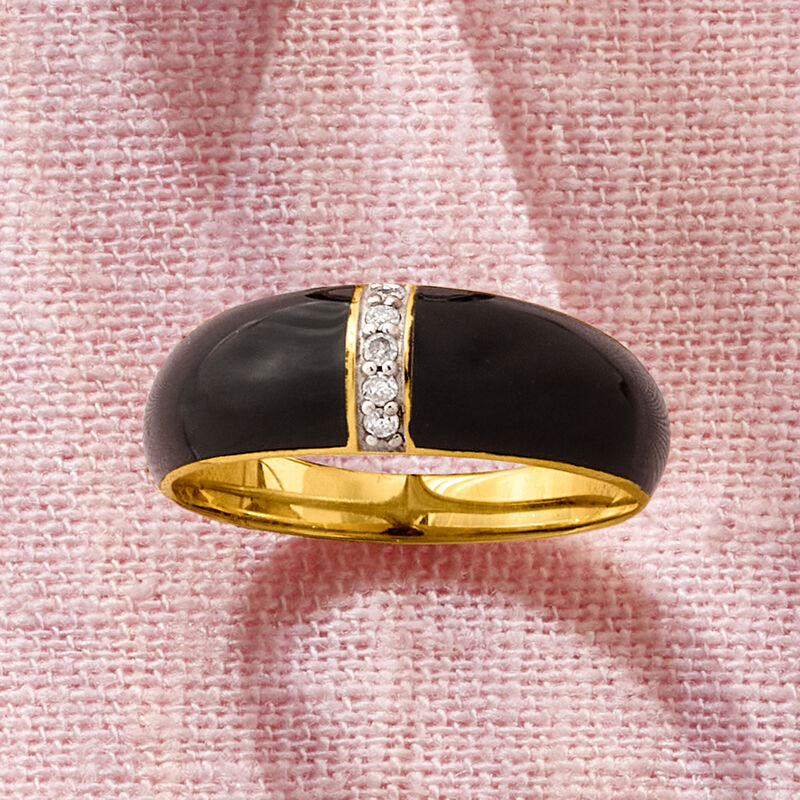 Black Enamel Dome Ring with Diamonds in 18kt Gold Over Sterling image number 3