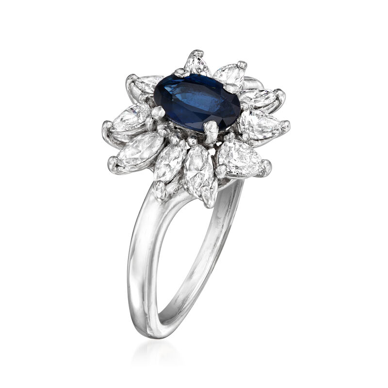 C. 1990 Vintage .75 Carat Sapphire Flower Ring with .80 ct. t.w. Diamonds in Platinum. Size 6 image number 2