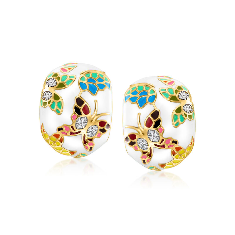 .60 ct. t.w. White Topaz and Multicolored Enamel Butterfly J-Hoop Earrings in 18kt Gold Over Sterling image number 0