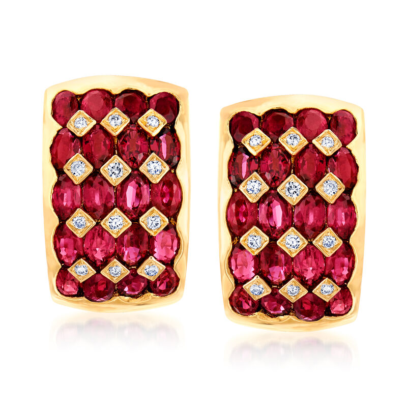 C. 1980 Vintage 8.48 ct. t.w. Ruby and .24 ct. t.w. Diamond J-Hoop Earrings in 18kt Yellow Gold image number 0