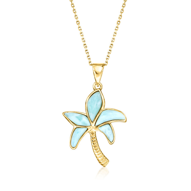 Larimar Palm Tree Pendant Necklace in 18kt Gold Over Sterling. 18&quot; image number 1