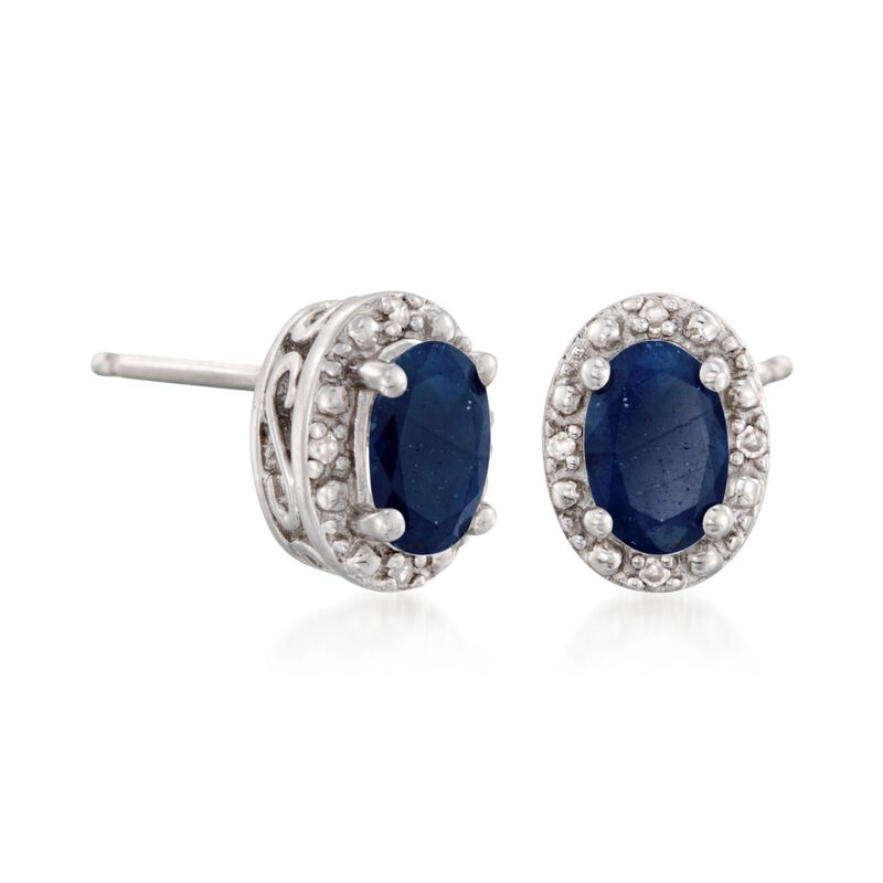 1.20 ct. t.w. Oval Sapphire Stud Earrings with Diamonds in Sterling Silver image number 2