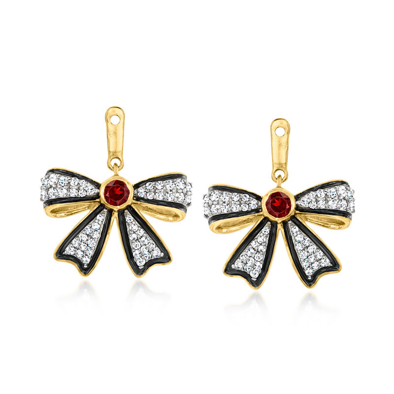 Onyx, .40 ct. t.w. White Topaz and .10 ct. t.w. Garnet Bow Drop Earrings with Black Enamel in 18kt Gold Over Sterling image number 2