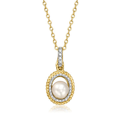 5.5-6mm Cultured Pearl Pendant Necklace with Single Diamond in 18kt Gold Over Sterling