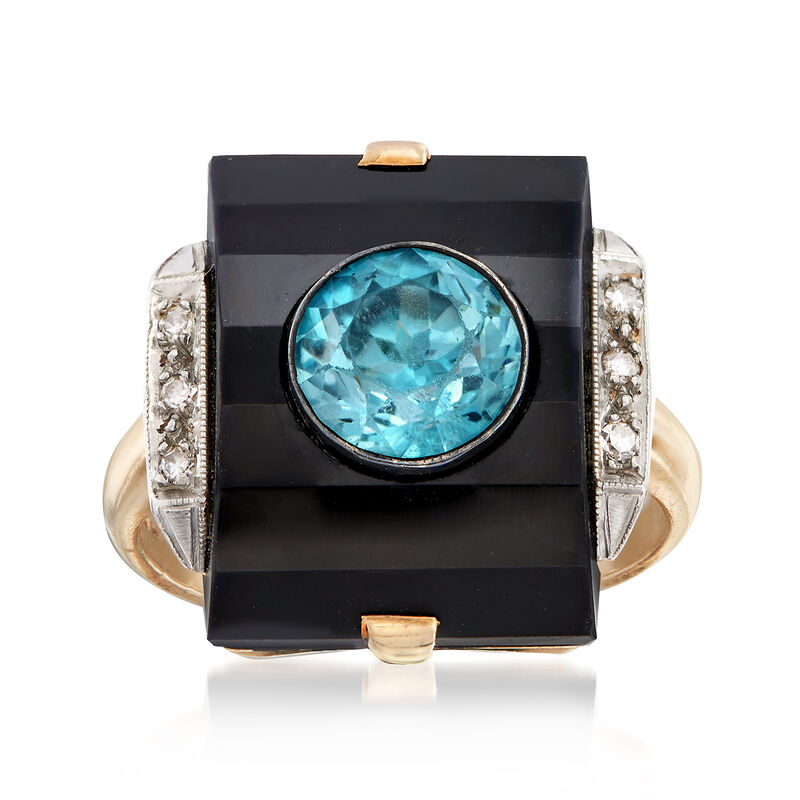 C. 1950 Vintage Black Onyx and 1.85 Carat Blue Zircon Ring With Diamond Accents in 14kt Yellow Gold image number 0