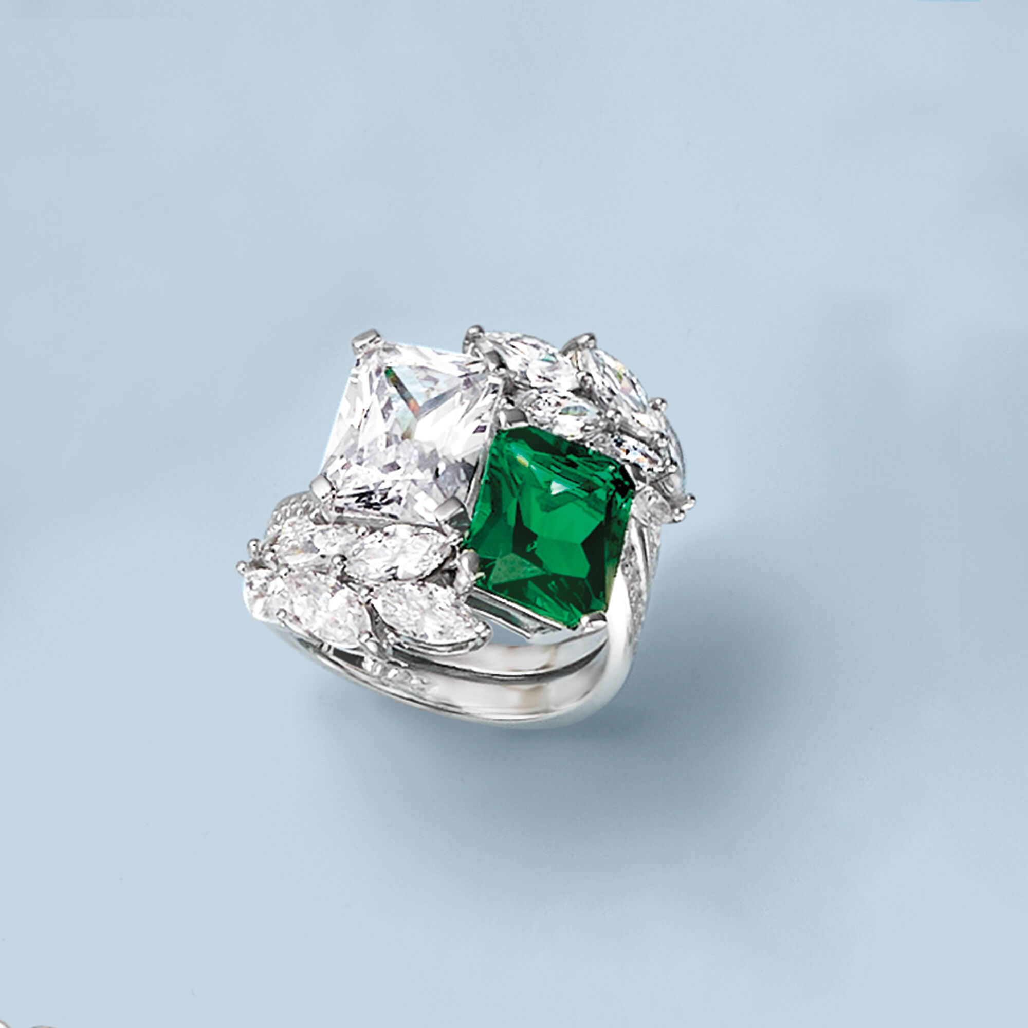 4.25 Carat Simulated Emerald and 6.85 ct. t.w. CZ Ring in Sterling