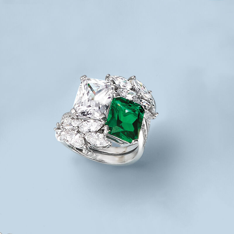 4.25 Carat Simulated Emerald and 6.85 ct. t.w. CZ Ring in Sterling Silver image number 4
