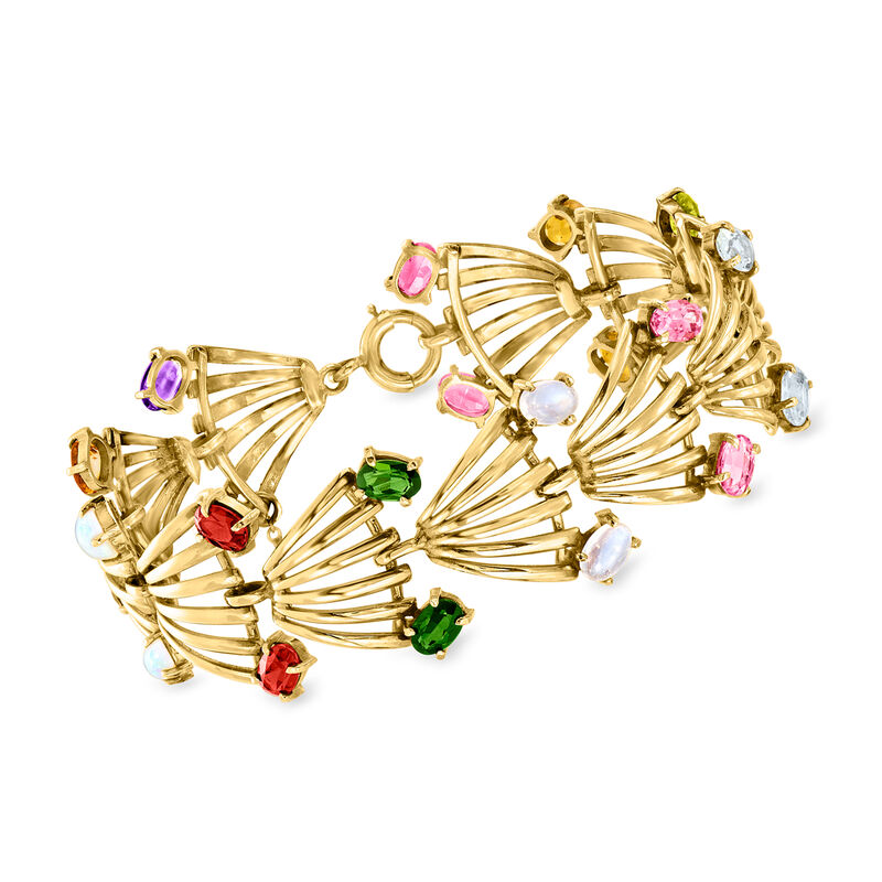 C. 1980 Vintage 9.70 ct. t.w. Multi-Gemstone Fan Bracelet in 14kt Yellow Gold. 7.5&quot; image number 0