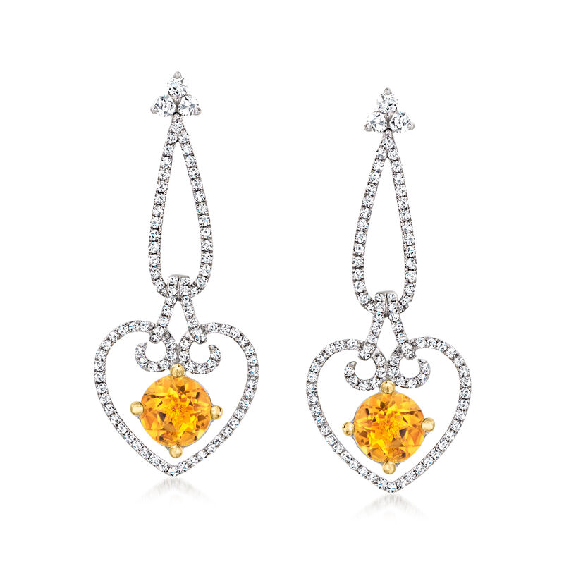 C. 1990 Vintage 1.30 ct. t.w. Citrine and 1.15 ct. t.w. Diamond Heart Drop Earrings in 18kt White Gold. Drop Earrings image number 0