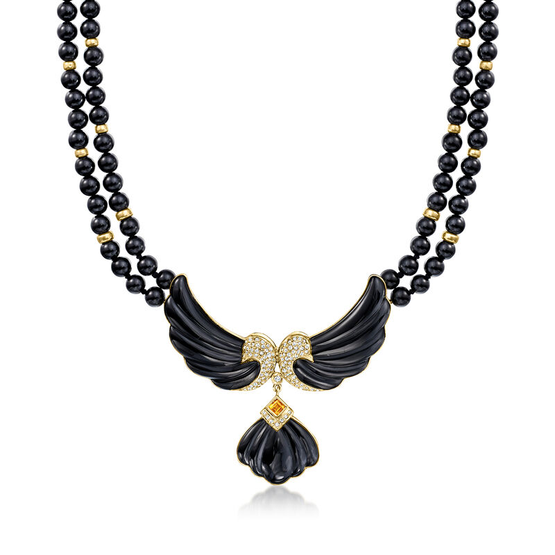 C. 1980 Vintage Onyx, 1.00 ct. t.w. Diamond and .30 Carat Citrine Pin/Necklace in 14kt Yellow Gold. 18.5&quot; image number 0