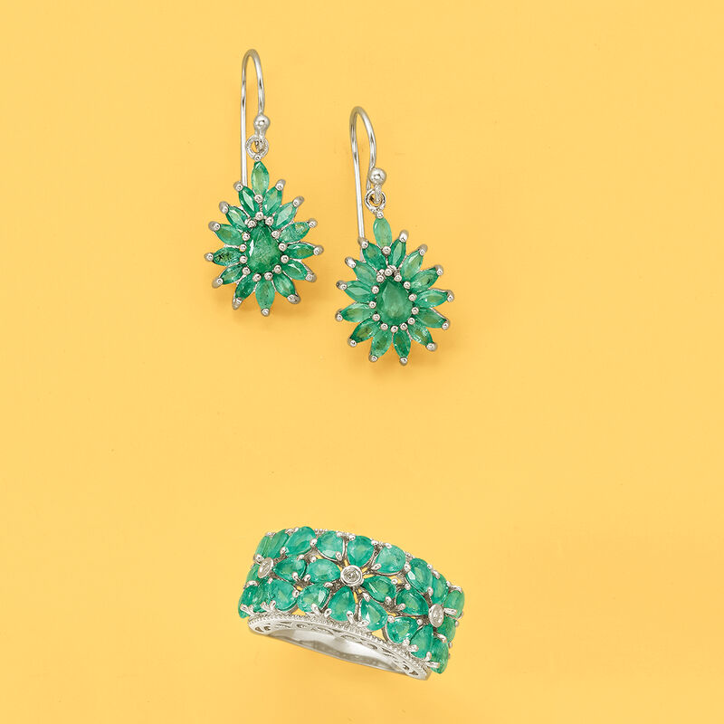 3.10 ct. t.w. Emerald Floral Ring with Diamond Accents in Sterling Silver image number 3