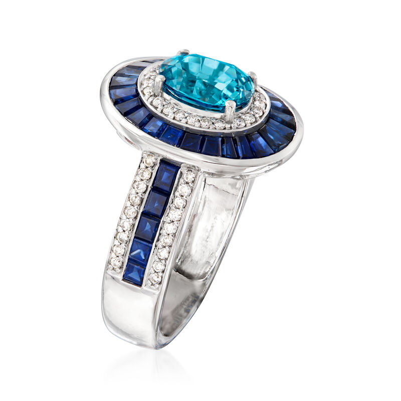 1.90 Carat Blue Zircon and 1.60 ct. t.w. Sapphire with .29 ct. t.w. Diamond Ring in 14kt White Gold. Size 7 image number 2