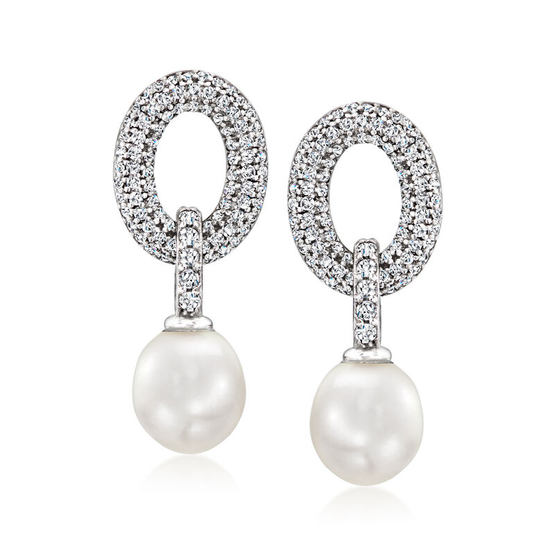 8-8.5mm Cultured Pearl and .90 ct. t.w. CZ Loop Drop Earrings in Sterling Silver  image number 0