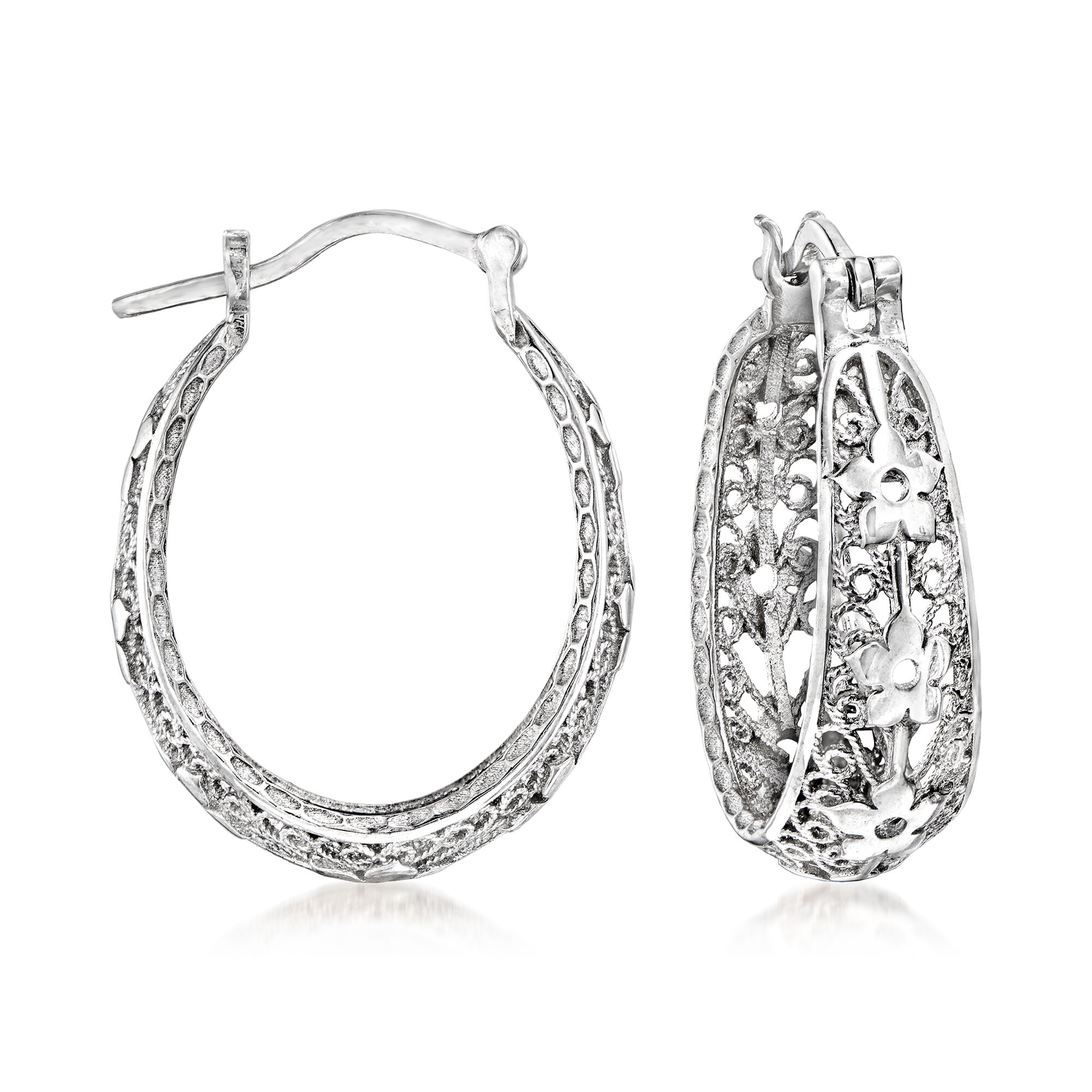 Sterling Silver Floral Filigree Hoop Earrings. 1 1/8