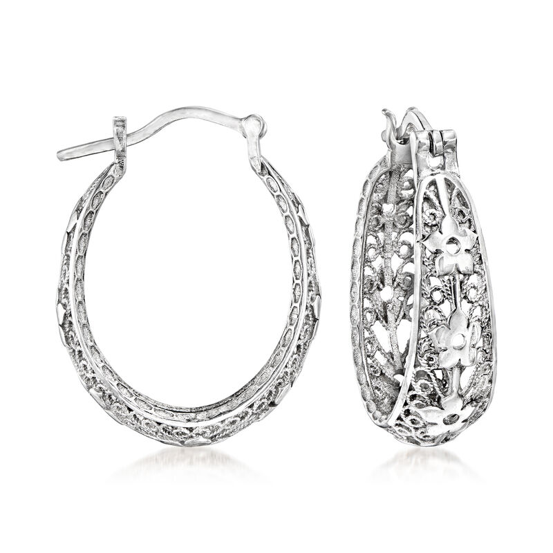 Sterling Silver Floral Filigree Hoop Earrings. 1 1/8&quot; image number 0