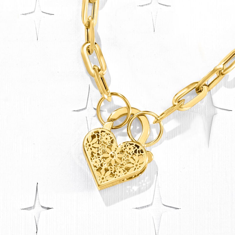 Italian 14kt Yellow Gold Floral Embroidery Heart Lock Paper Clip Link Necklace. 20" image number 2