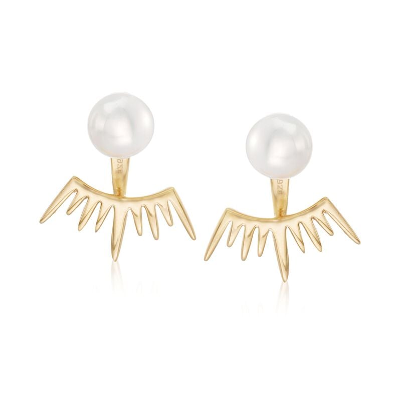 8mm Shell Pearl Jewelry Set: Earrings and Spiked Front-Back Jackets in 18kt Gold Over Sterling image number 0
