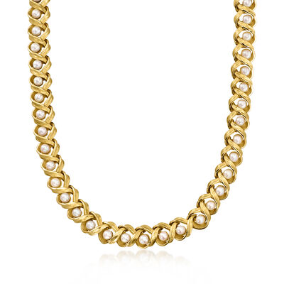 C. 1980 Vintage 4mm Cultured Pearl Woven Necklace in 18kt Yellow Gold