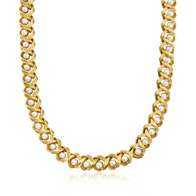 C. 1980 Vintage 4mm Cultured Pearl Woven Necklace in 18kt Yellow Gold image number 0