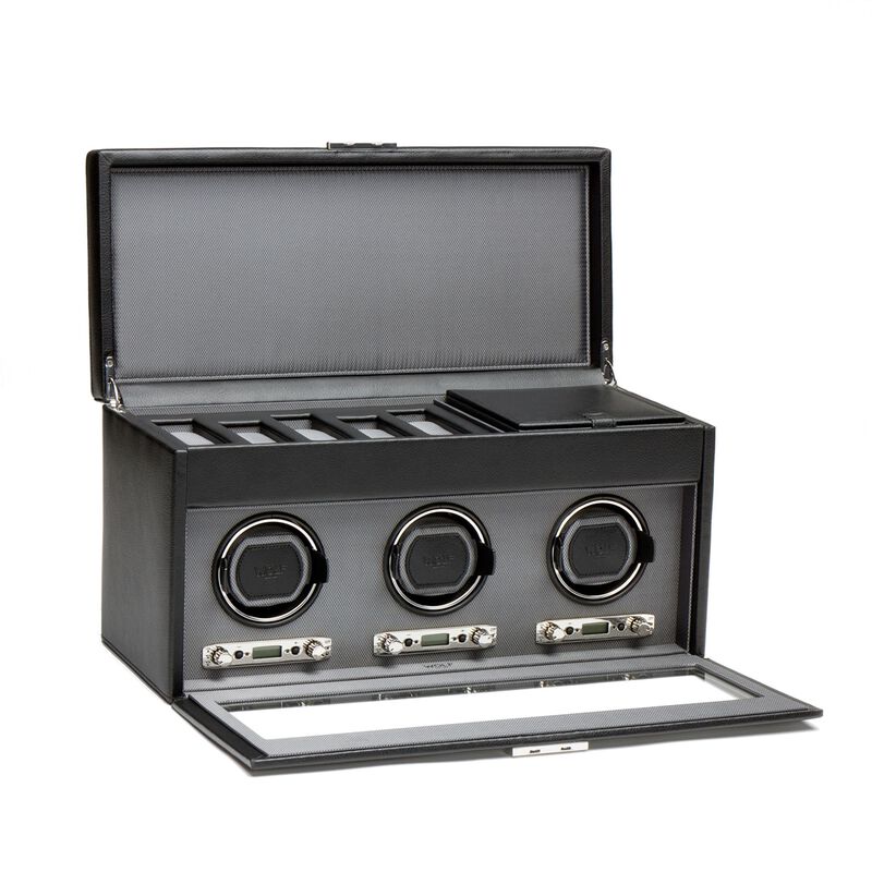 "Viceroy" Black Faux Leather Triple Watch Winder with Storage by Wolf Designs image number 1