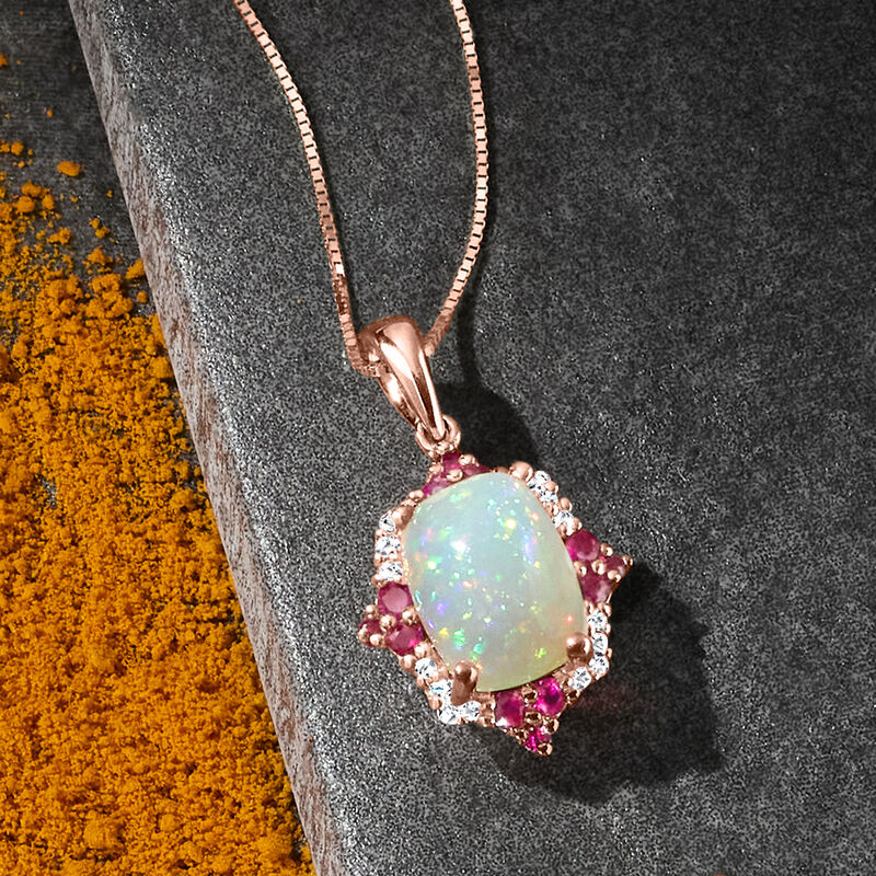 Ethiopian Opal and .20 ct. t.w. Ruby Pendant Necklace with Diamonds in 14kt Rose Gold. 18&quot; image number 2