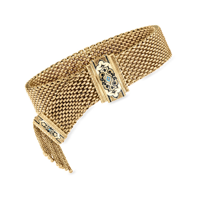 C. 1960 Vintage 14kt Yellow Gold Mesh Tassel Bracelet with Enamel image number 0
