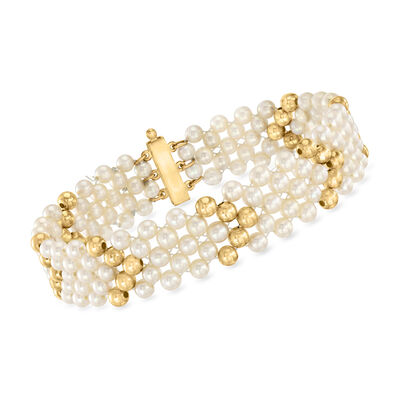 C. 1980 Vintage 3.5mm Cultured Pearl and 14kt Yellow Gold Multi-Row Bead Bracelet