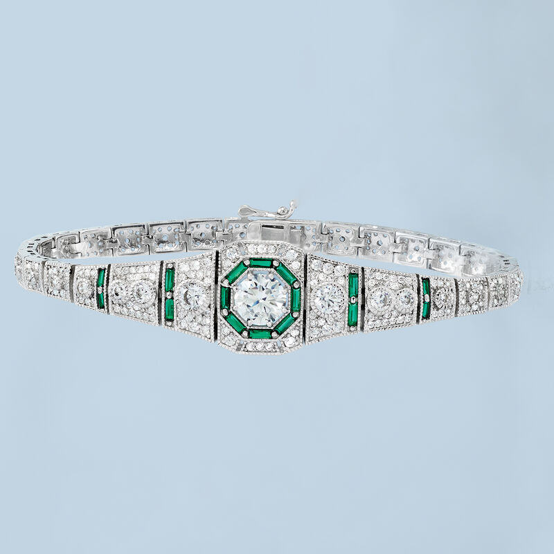 4.00 ct. t.w. CZ and .98 ct. t.w. Simulated Emerald Bracelet in Sterling Silver image number 2